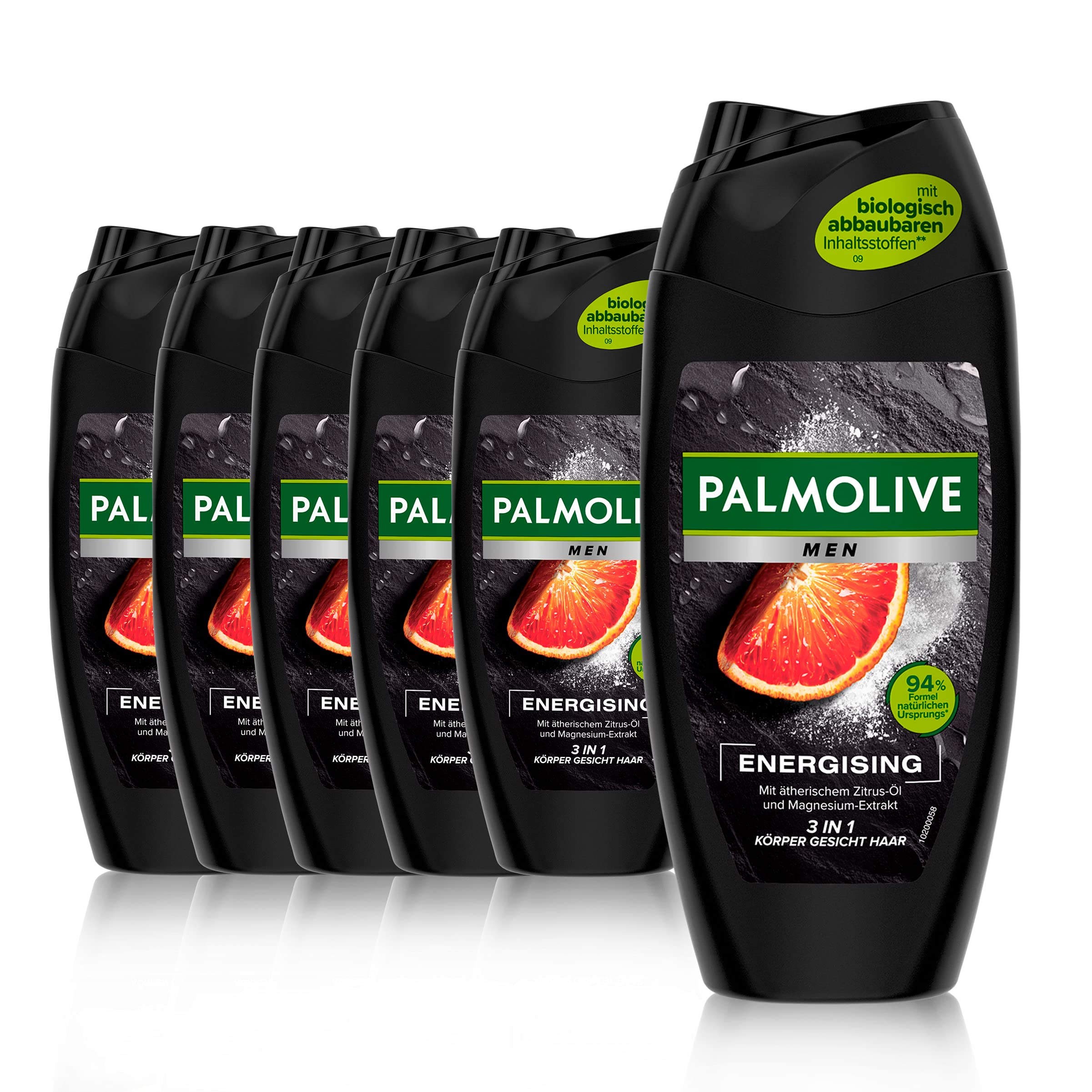 Palmolive Men Energising Shower Gel 6 x 250 ml - 3-in-1 for Body, Face and Hair - with Essential Oil and Magnesium Extract
