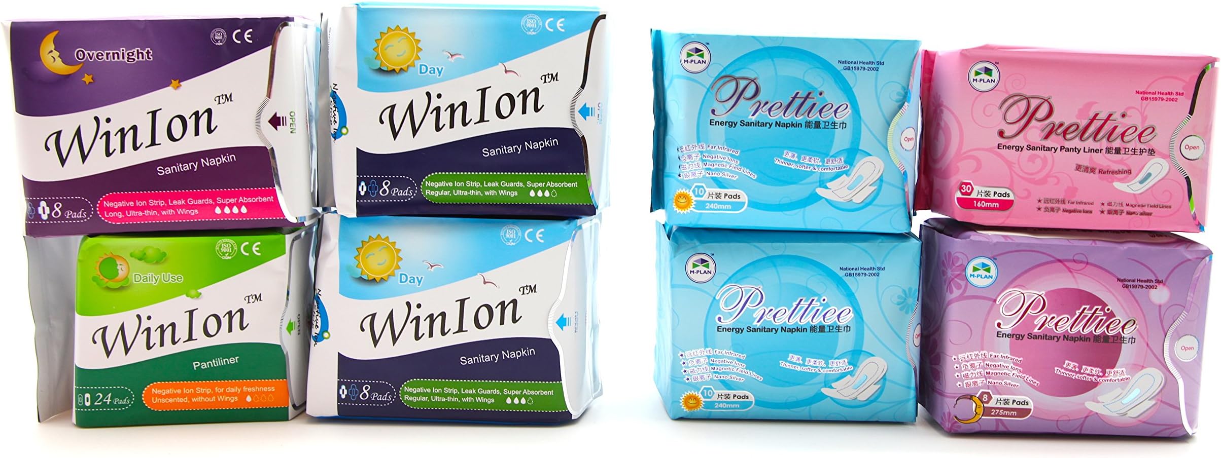 Mix Value Package - Winalite Winion Anion Sanitary Napkin ( 2x Day Use 1x Overnight + 1x Regular Panty liner ) + Prettiee Energy Sanitary Menstrual Pad ( 2x Day + 1x Night + 1x Panty liner )