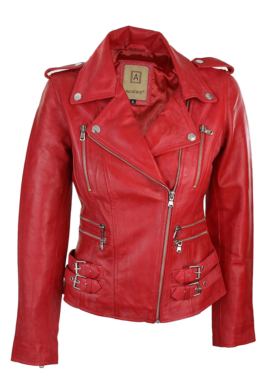 100% Ladies Real Leather Jacket Short Fitted Bikers Style Retro Red ...