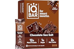 IQBAR Brain and Body Plant Protein Bars - Chocolate Sea Salt - 12-Count Low Carb - Gluten Free, High Fiber, Vegan Snacks - Lo