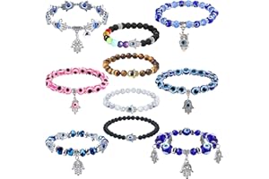 Sanfenly 10Pcs Evil Eye Bead Bracelet for Women Men Hamsa Hand Fatima Blue Eye Chakra Beaded Charm Stretch Bracelet Turkish Evil Eye Good Luck Protection Bracelet Evil Eye Jewelry Gift