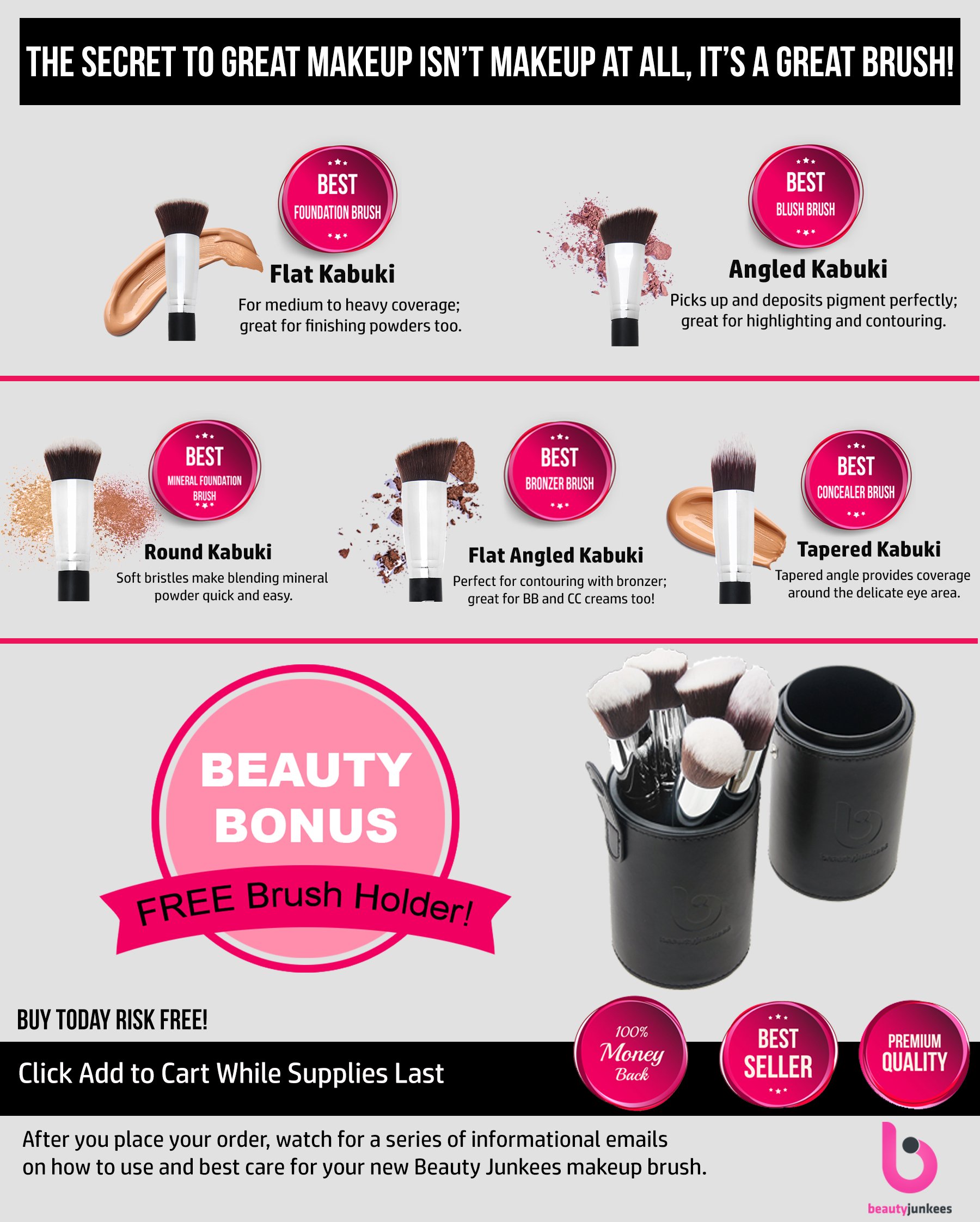 Kabuki Makeup Brush Set With BONUS Travel Brush Holder Includes