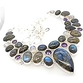Natural Rainbow Moonstone, Amethyst, Labradorite 925 Solid Sterling Silver Necklace 16"