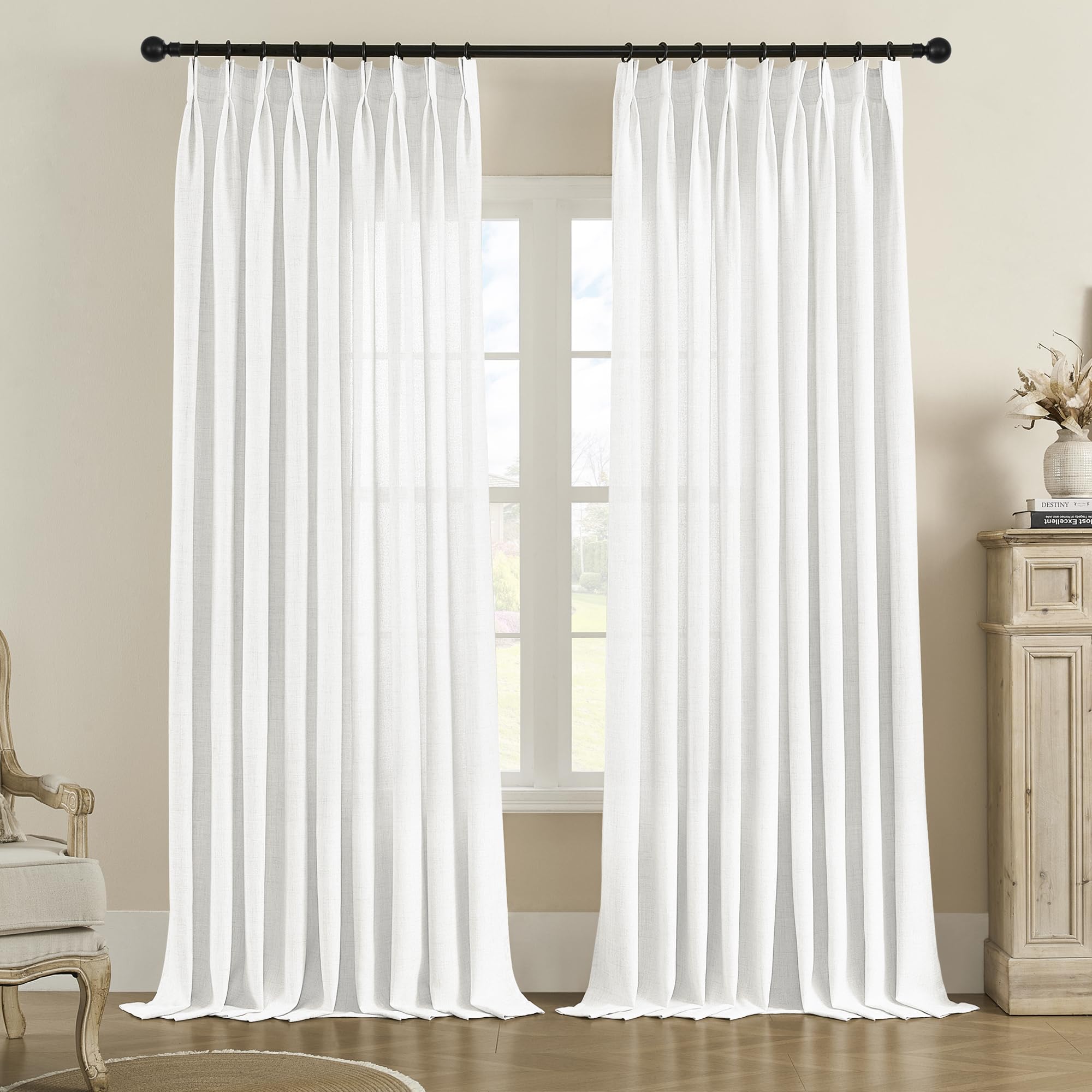 Photo 1 of MASWOND Pinch Pleated Sheer Curtains 84 Inches Long for Living Room, Faux Linen Pinch Pleat Drapes for Bedroom Light Filtering Window Curtains with Tieback and Hooks (52" x 84", White, 1 Panel)