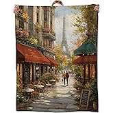 Zeleda Romantic Paris Blanket, City Street Cafe and Floral Blankts, Gifts for Women Adults, Home Dorm Cabin Pet Area Picnic and Travel Decor, Soft Cozy Lightweight Flannel Throw,50"x60"