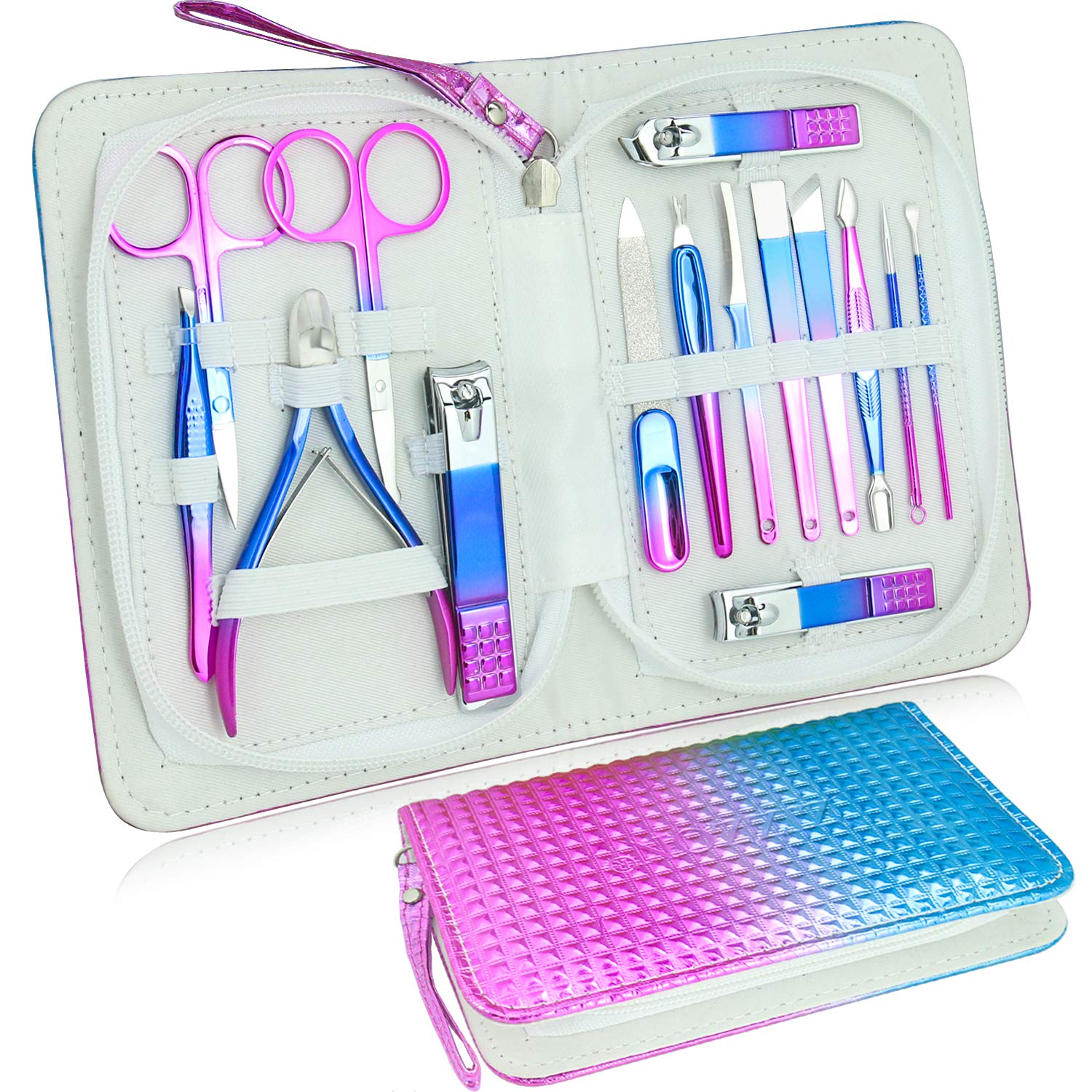 ZIZZON Manicure set Pedicure kit Nail Care Grooming tool with Zipper Travel Case Blue Purple : Beauty