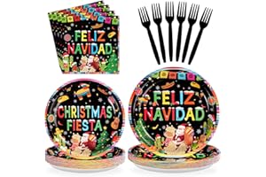 GREENCIAN 96Pcs Mexican Christmas Party Decorations Feliz Navidad Paper Plates and Napkins Sets Mexico Cactus Decorations for Winter Xmas Fiesta Holiday Party Supplies Serves 24
