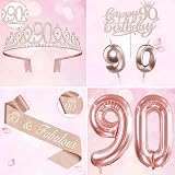 Amosking 90th Birthday Decorations Set for Women Crown Sash Cake Topper view 7