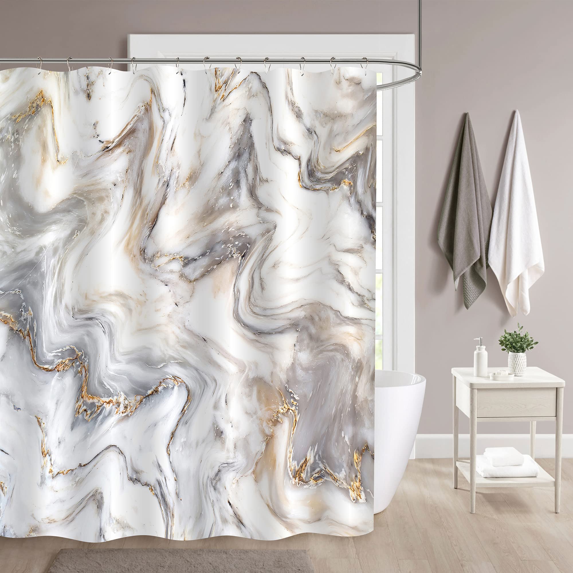 MitoVilla Extra Long Shower Curtain 72 x 84, Grey Gold 84 inch Shower Curtain Set with Hooks, Modern Marble Abstract XL Shower Curtain for Bathroom Decor, Luxury Washable Fabric Shower Curtain