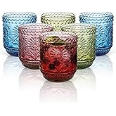 Kytree Vintage Drinking Glasses Set of 6, 12 oz Embossed Sunflower Colored Glassware Green Glass Cups for Cocktail, Wine, Juice, Whiskey, Milk, Heavy Duty