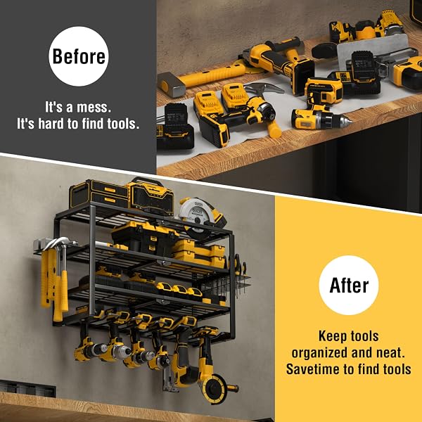YYR 4 LAYER POWER TOOL ORGANIZER WALL MOUNT, CORDLESS DRILL HANGER STORAGE RACK, BATTERY TOOLS HOLDER WITH CHARGING STATION SHELF FOR GARAGE ORGANIZATION, WORKSHOP, PEGBOARD, SHED – 24 INCH 6 SLOTS