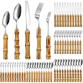 EBOOT 60 Pcs Bamboo Silverware Set 18/8 Stainless Steel Flatware Set | Natural Bamboo Handle Cutlery Kit Tableware Utensil Set Spoon Fork Knives for Kitchen Wedding Home Restaurant Party, Silver