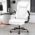 BestEra Executive Office Chair, Big and Tall Leather Ergonomic Office Chair, High Back Home Office Desk Chairs with Flip-Up Arms (White)