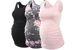 Ecavus Pack 3pcs Womens Layering Maternity Tank Top Pregnancy Shirt Scoop Neck Sleeveless Ruched Vest