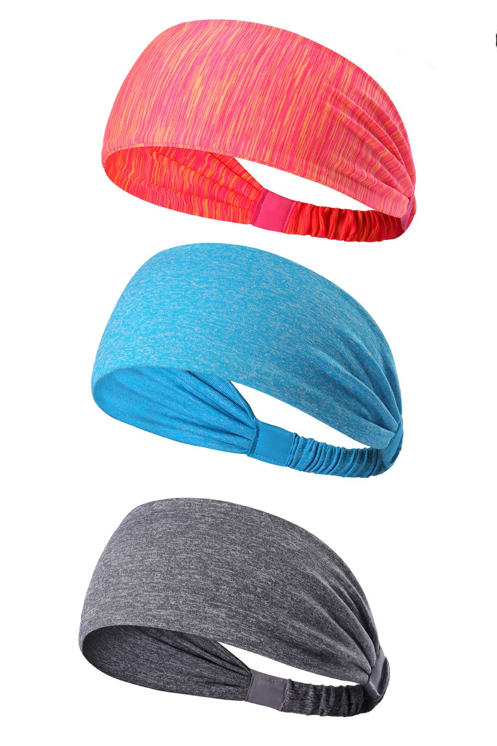 3PACK Women Lightweight Sport Headband, KEREITH No-slip Sweat Band for Men- Stretchy Hair Bands Headwear - Best for Running Cycling Hot Yoga and Athletic Workouts (peach, sky blue, grey melange)