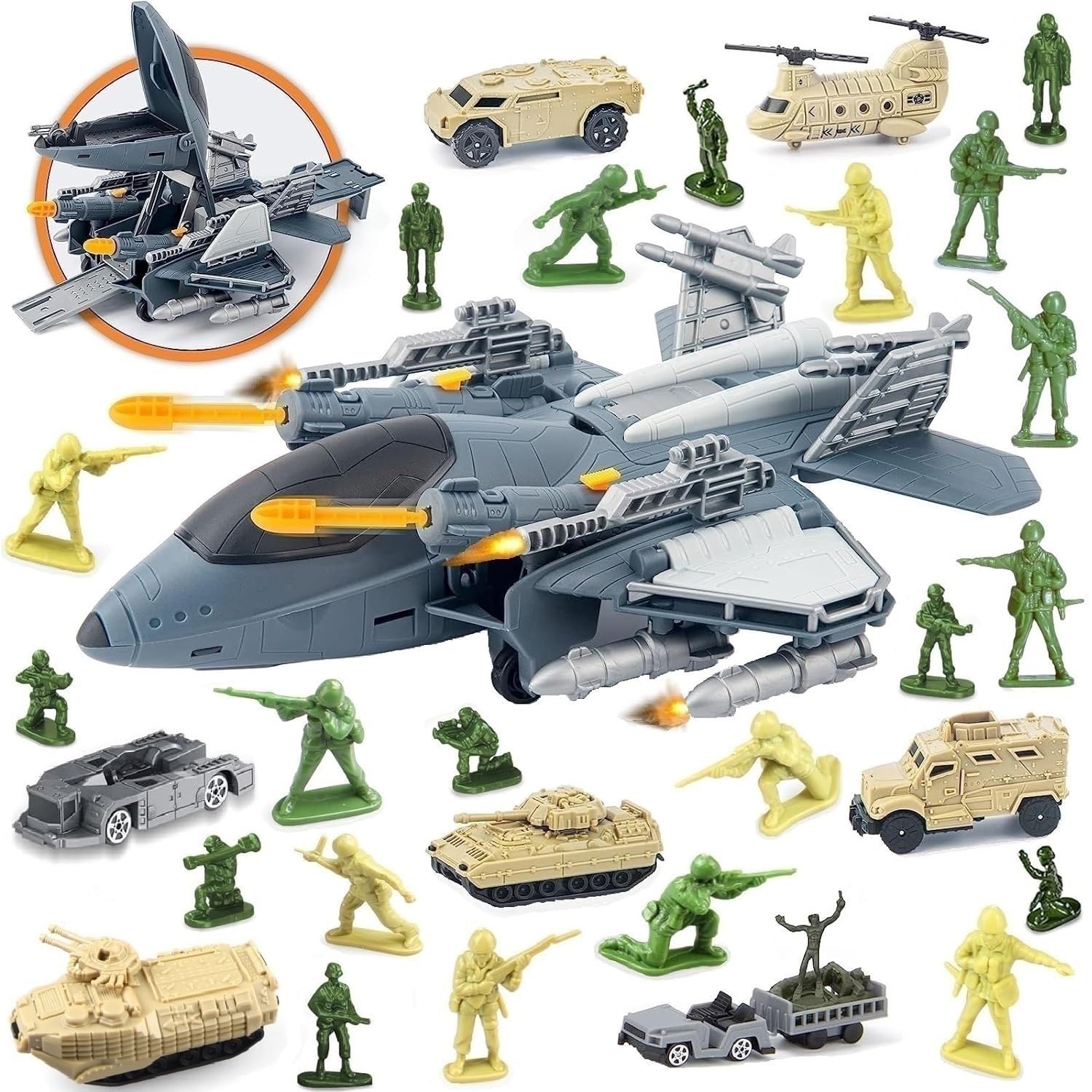 Military Transport Cargo Airplanes Car Toy Set with Military Tanks Helicopter Car Vehicles,Army Men Soldiers Figures Toys for Combat Toy Imaginative Play Set for 3 4 5 6 7 8 Years Old Boys Girls