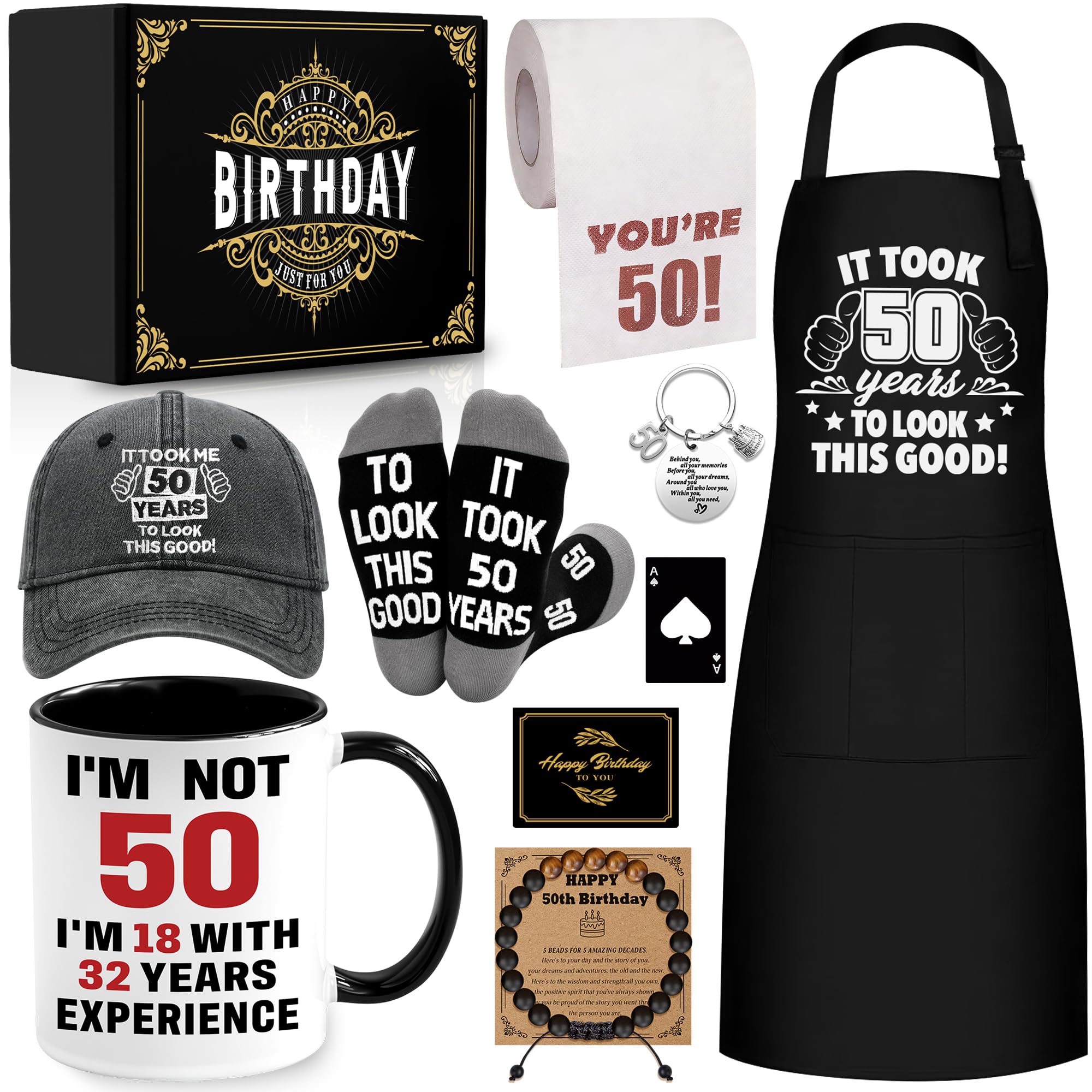 Photo 1 of 50th Birthday Gifts for Men Coffee Mug Set, 50th Birthday Party Supplies, Turning 50 Gift with 11 Oz Ceramic Cup Baseball Cap Apron Sock Bracelet Toilet Paper Keychain for Him, Dad, Husband, Friends