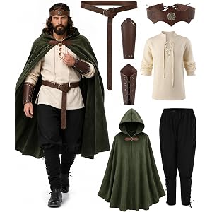 NTYNTY 7 PCS Men's Renaissance Costume Set Medieval Outfit with Hooded Cloak Shirt Pants for Halloween LARP Ren Faire Costume