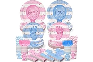 KINOVO 300Pcs Gender Reveal Plates and Cups and Napkins Sets with Forks and Straws, Party Supplies, Pink and Blue Plates, He or She Baby Gender Reveal Decorations, Boy or Girl (Serves 50)