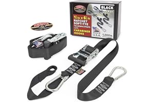 PowerTye 1.5in x 6.5ft Heavy Duty Ratchet Tie-Down Straps with Soft-Tye and Carabiner Hooks - 1,000 lb Working Load Limit / 3,000 lb Breaking Strength - Made in USA - Black/Black Pair