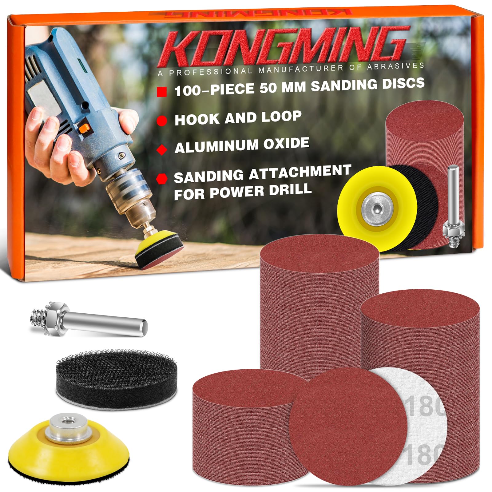 KONGMING 50mm Sanding Discs Hook and Loop 100 pcs Grit 180 for Drill Sanding Attachment