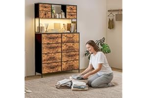 12 Drawer Fabric Dresser with Charging Station & LED Lights – Tall Storage Cabinet with Open Shelves & Wooden Top – Metal Fra