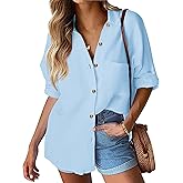 HOTOUCH Womens Linen Button Down Shirt Casual Long Sleeve Cotton Blouse Loose Fit Collared Work Gauze Tops with Pocket