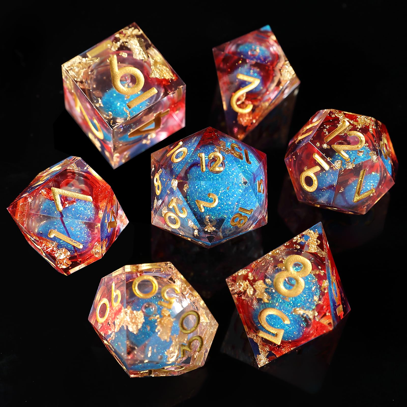 Liquid Core DND Dice Set 7pcs, Resin Sharp Edged Polyhedral Dice for Dungeons and Dragons, Handmade RPG D20 D12 D10 D8 D6 D4 Dice, Gold Foil Themed D&D Dice Role Playing Dice — image 1
