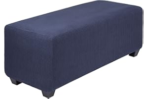 PiccoCasa High Stretch Ottoman Cover with Elastic Bottom, Soft Slipcover Jacquard Fabric Small Checks Rectangle Storage Stool Cover Furniture Covers Large Navy Blue