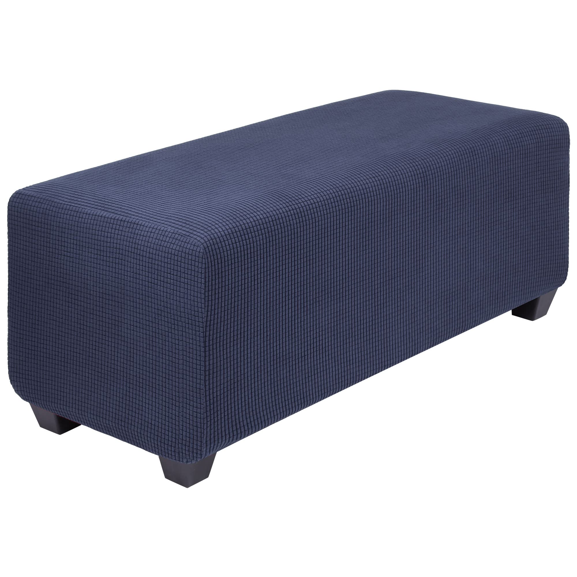 PiccoCasa High Stretch Ottoman Cover with Elastic Bottom, Soft Slipcover Jacquard Fabric Small Checks Rectangle Storage Stool Cover Furniture Covers Navy Blue X-Large
