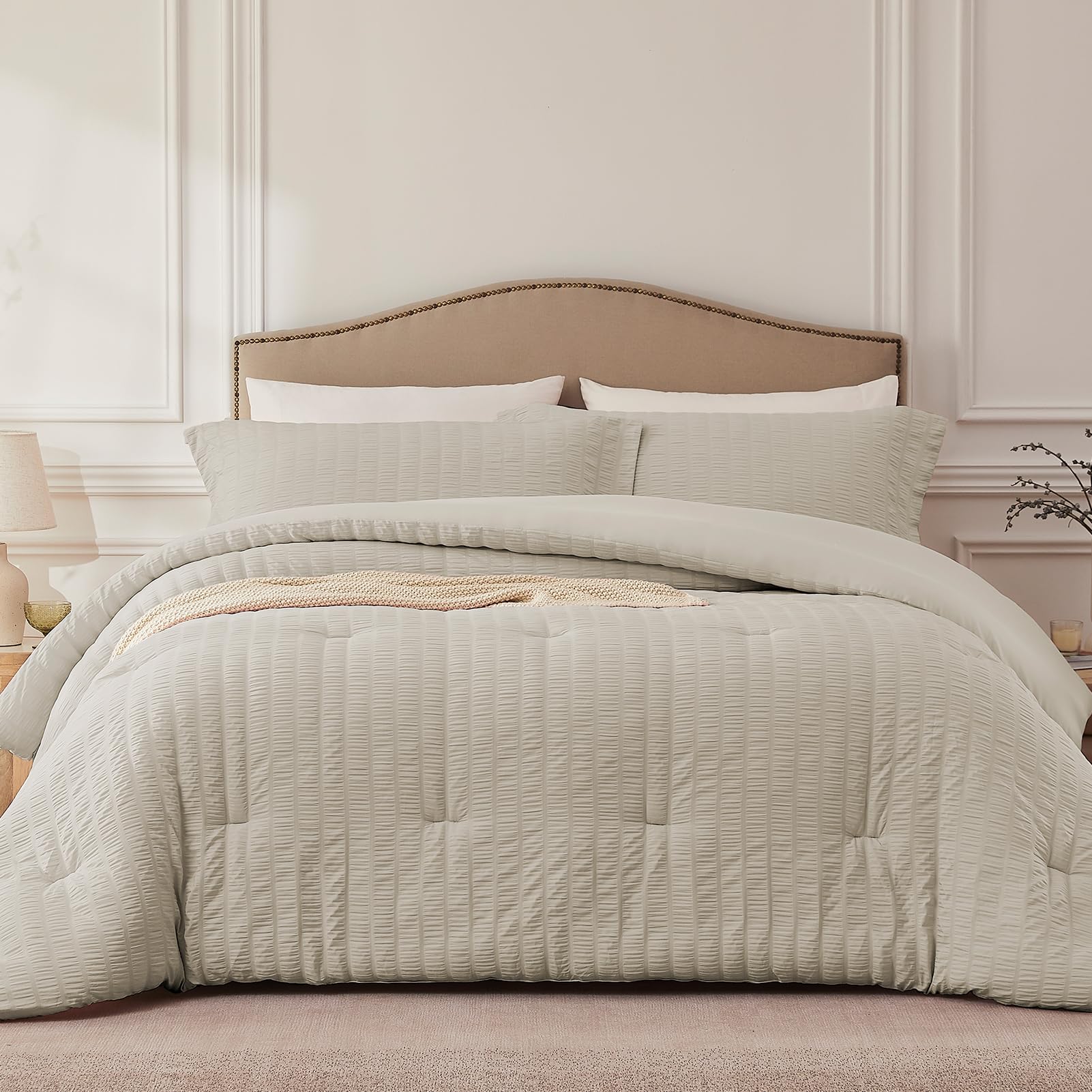 Quataly Oatmeal Full Comforter Set - 3 Pieces Seersucker Lightweight Bedding Comforter Sets (1 Soft Fluffy Comforter & 2 Pillowcases) - All Seasons Cozy Modern Bed Sets Image