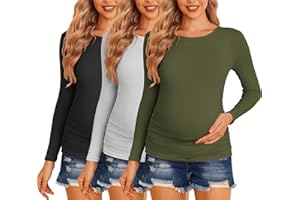 Ekouaer Maternity Shirts 3 Packs Women Long Sleeve Pregnancy Tee Tops Tunic Blouse Ribbed Side Ruched Mama Clothes S-XXL
