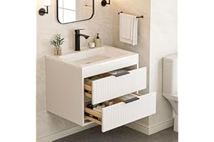 SUNTAGE 24 Inches Modern MDF Bathroom Vanity with Sink, Wall Mounted Floating Cabinets w/Double Drawers, Black Handles, White Resin Sink Combo Set (White, 24")