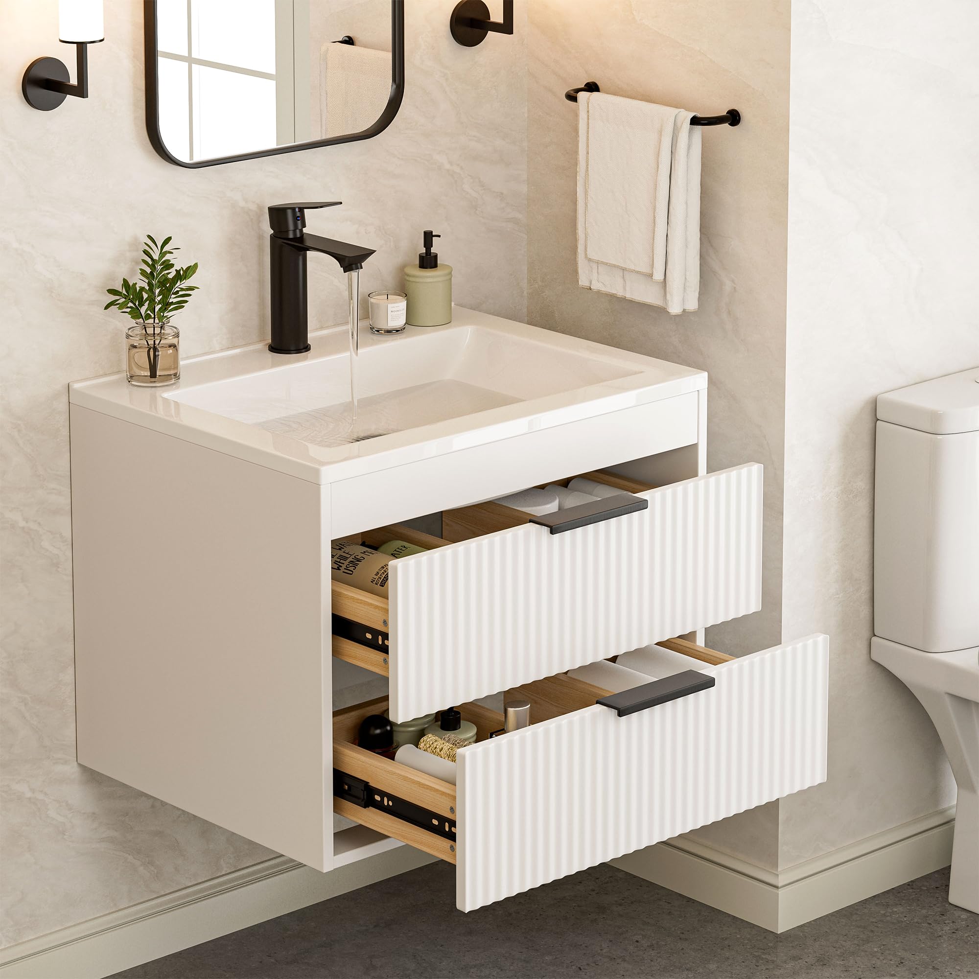 Photo 1 of ***Factory seal****

24 Inches Modern MDF Bathroom Vanity with Sink, Wall Mounted Floating Cabinets w/Double Drawers, Black Handles, White Resin Sink Combo Set (White, 24")