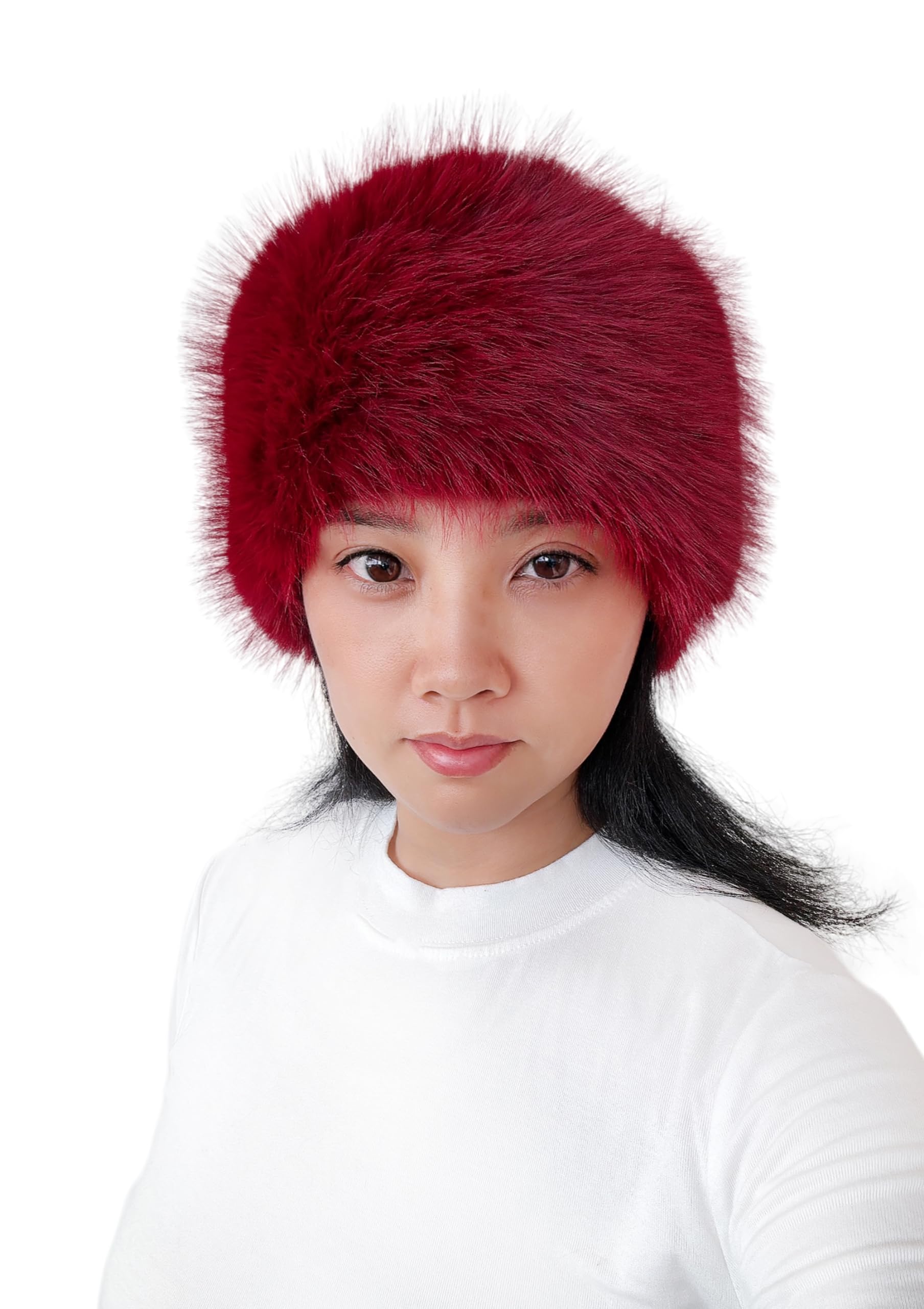 Lina & Lily Women's Winter Headband Head Ear Warmer Long Pile Faux Fur (Dark Red)