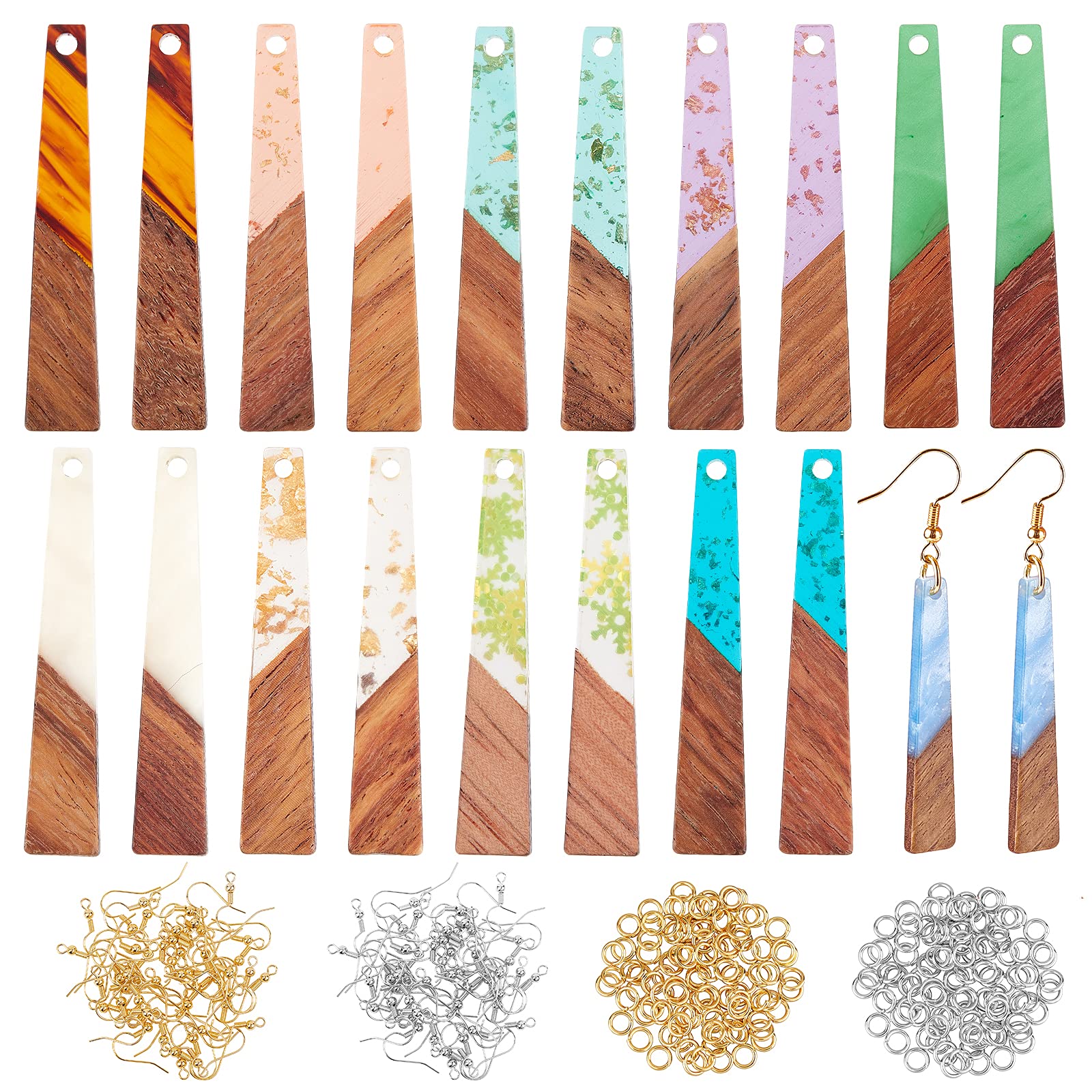 OLYCRAFT 200pcs Trapezoid Resin Wooden Earring Pendants Resin Walnut Wood Earring Makings Kit Vintage Resin Wood Statement Jewelry with Earring Hooks Jump Rings for Jewelry Making - 10 Styles