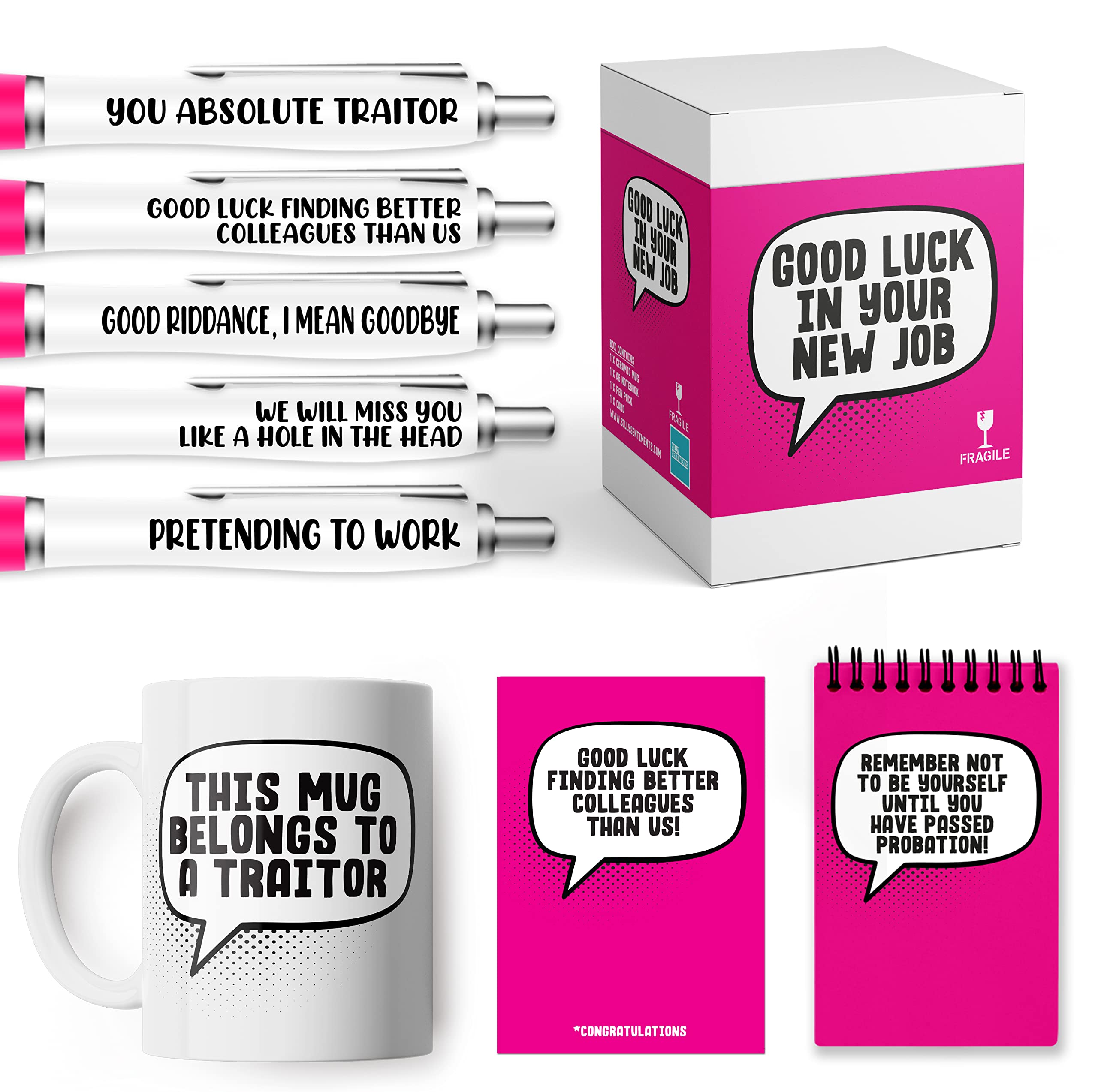 Leaving Job and New Job Gift Set - Mug, Pen Pack, Notebook & Card Funny Leaving Job Present - Pink