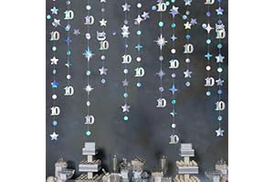 PINKBLUME Iridescent 10th Birthday Decorations Number 10 Circle Dot Twinkle Star Garland Metallic Hanging Streamer Bunting Banner Backdrop for Girls Boys Ten Year Old Birthday 10th Anniversary Party Supplies
