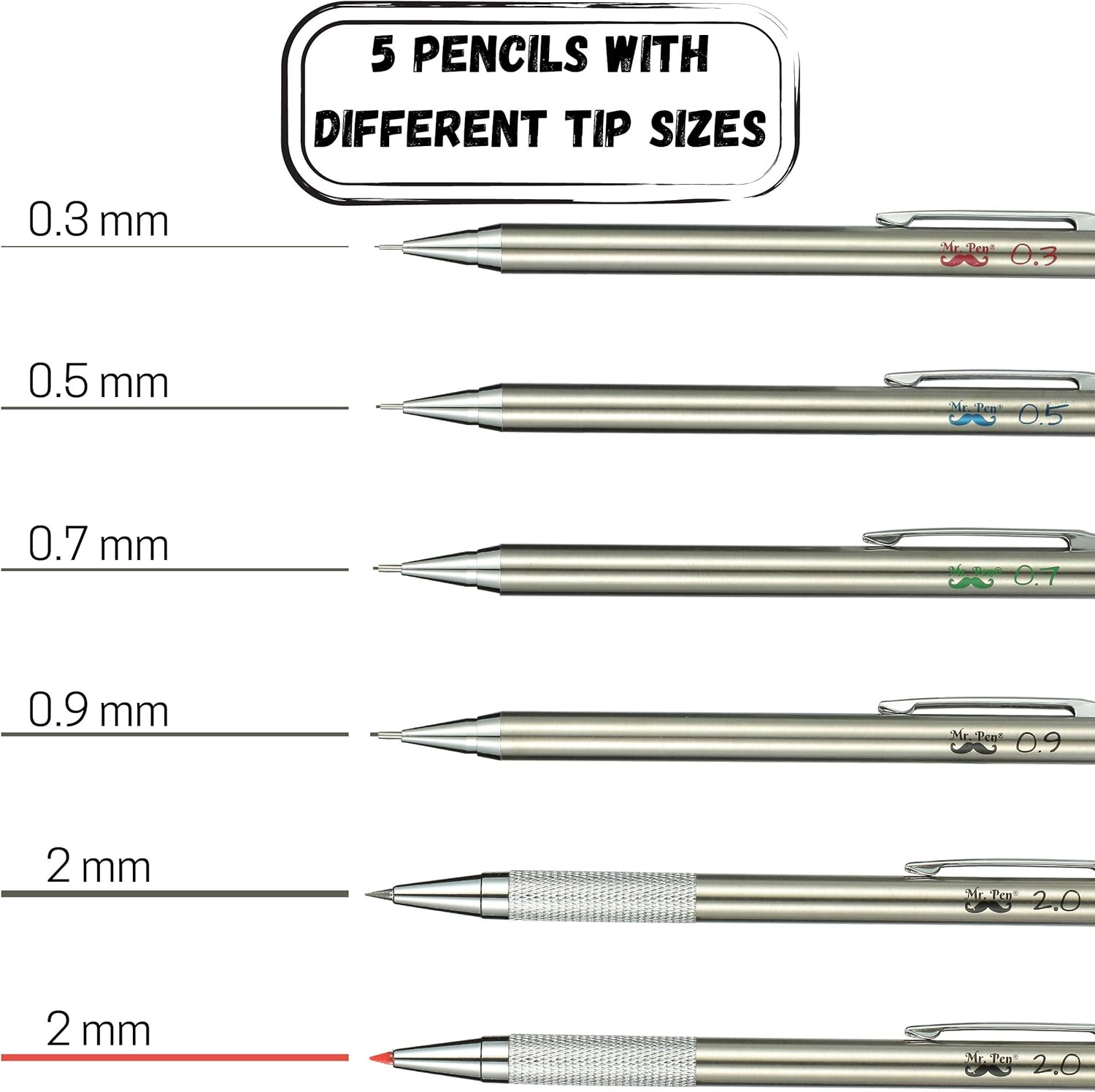 Mr. Pen- Metal Mechanical Pencil Set with Lead and Eraser Refills, 5 Sizes, 0.3, 0.5, 0.7, 0.9, 2mm, Drafting, Sketching, Architecture, Drawing Mechanical Pencils, Metal Mechanical Pencils : Office Products