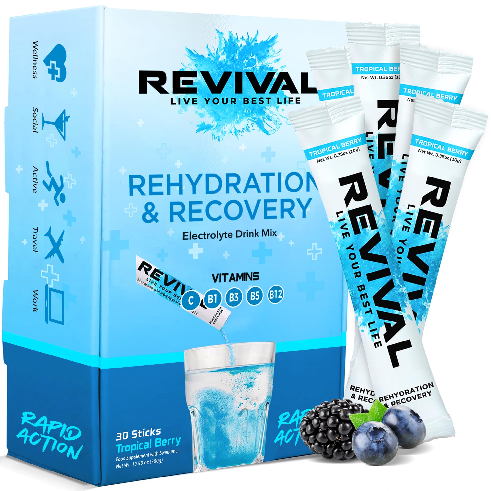 Revival Rapid Rehydration Sachets Electrolytes Powder High Strength Vitamin C, B1, B3, B5, B12 Supplement Energy Drink, Effervescent Electrolyte Hydration Tablets 30 Pack Tropical Berry Flavours