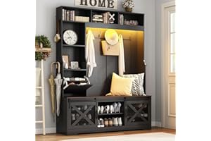 CHARTUSTRIABLE 75''H LED Farmhouse Hall Tree with Bench and Shoe Storage,Entryway Bench with Coat Rack,16 Shoe Cubbies & Umbrella Holder and Sock Storage Drawer,Mudroom/Hallway Storages Cabinet(black)