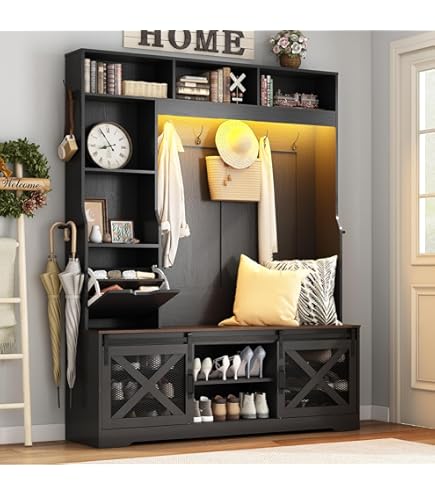 AGOTENI Black Hall Tree With Shoe Storage - 6-Cube Bench, Coat Rack, Shelves For Entryway, Mudroom