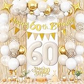 Dagelar 60th Birthday Decorations for Women, Sand White Gold Balloons with Glitter Happy 60th Birthday Banner Fringe Curtain Cake Toppers Number 60 Balloons for Women Birthday Decorations