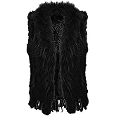 Uilor Women's 100% Natural Knit Rabbit Fur Vest With Raccoon Fur Collar