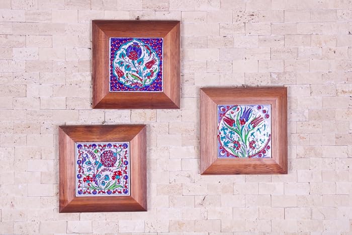 Amazon Com 3x Handmade Handpainted Turkish Ottoman Design Wall Art Ceramic Tile Wood Frame Handmade