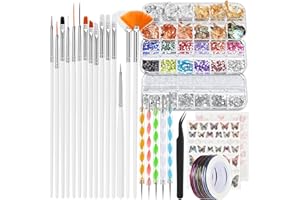 EDITTIME 36 in 1 Professional Nail Art Kit, Brushes & Dotting Pens Set with Rhinestones, Pearls, Metallic Foil Flakes, Striping Tape, Butterfly Stickers, Manicure Design Tools for DIY, Salon, Beginners (White)