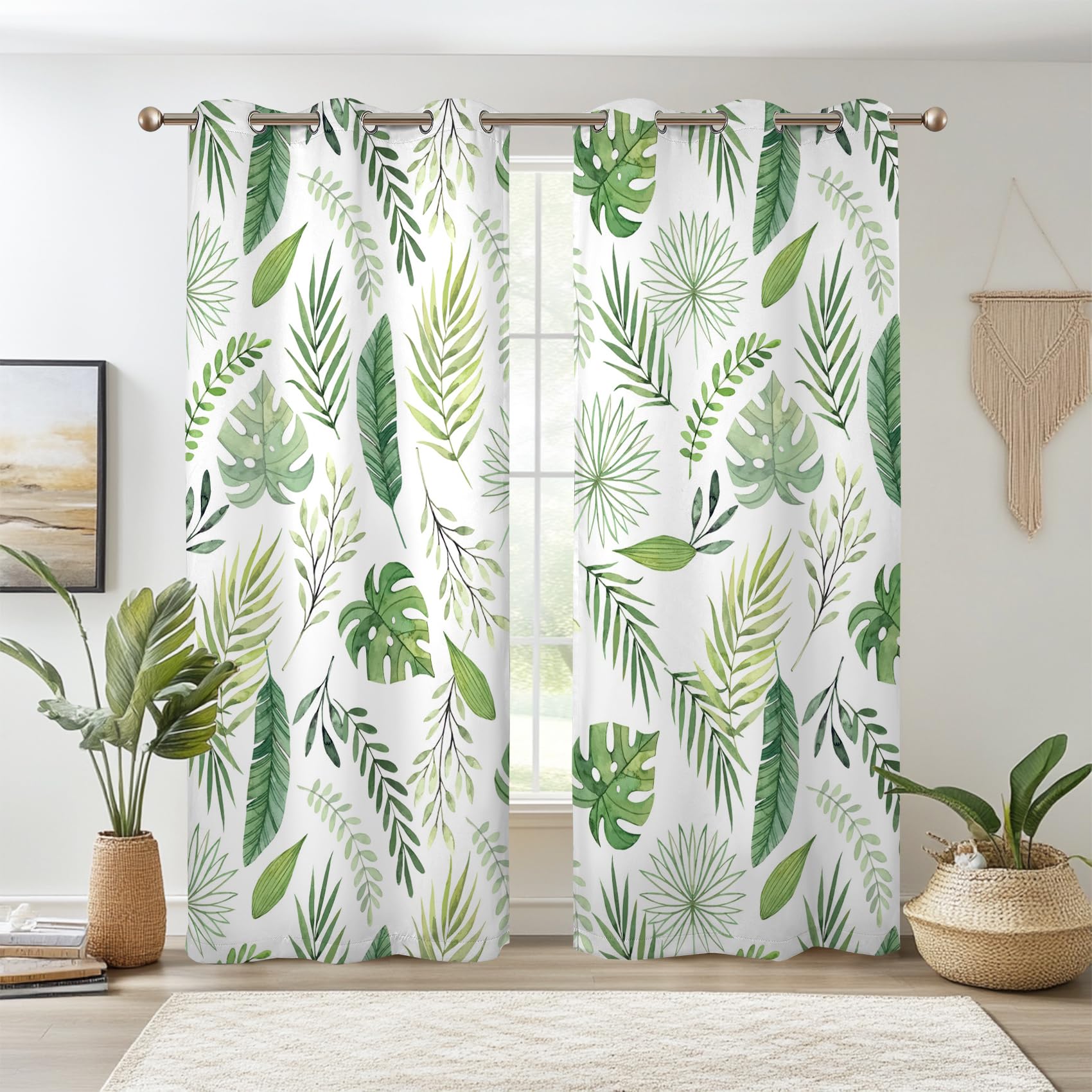 Botanical Print Curtains - White Green Leaves Pattern, 2 Panels (Each 53"W X 96"L), Light Filtering, Nature Decor