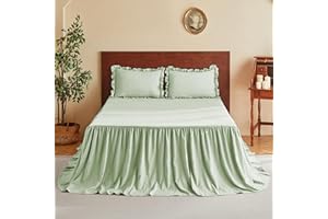 MR&HM Brushed Microfiber Ruffle Skirt Bedspread Set - 30" Long Drop, 3 Piece Queen, Light Green Shabby Chic Style Bed Spread，French Country Soft Bedspread and Pillow Shams, Vintage Farmhouse Decor