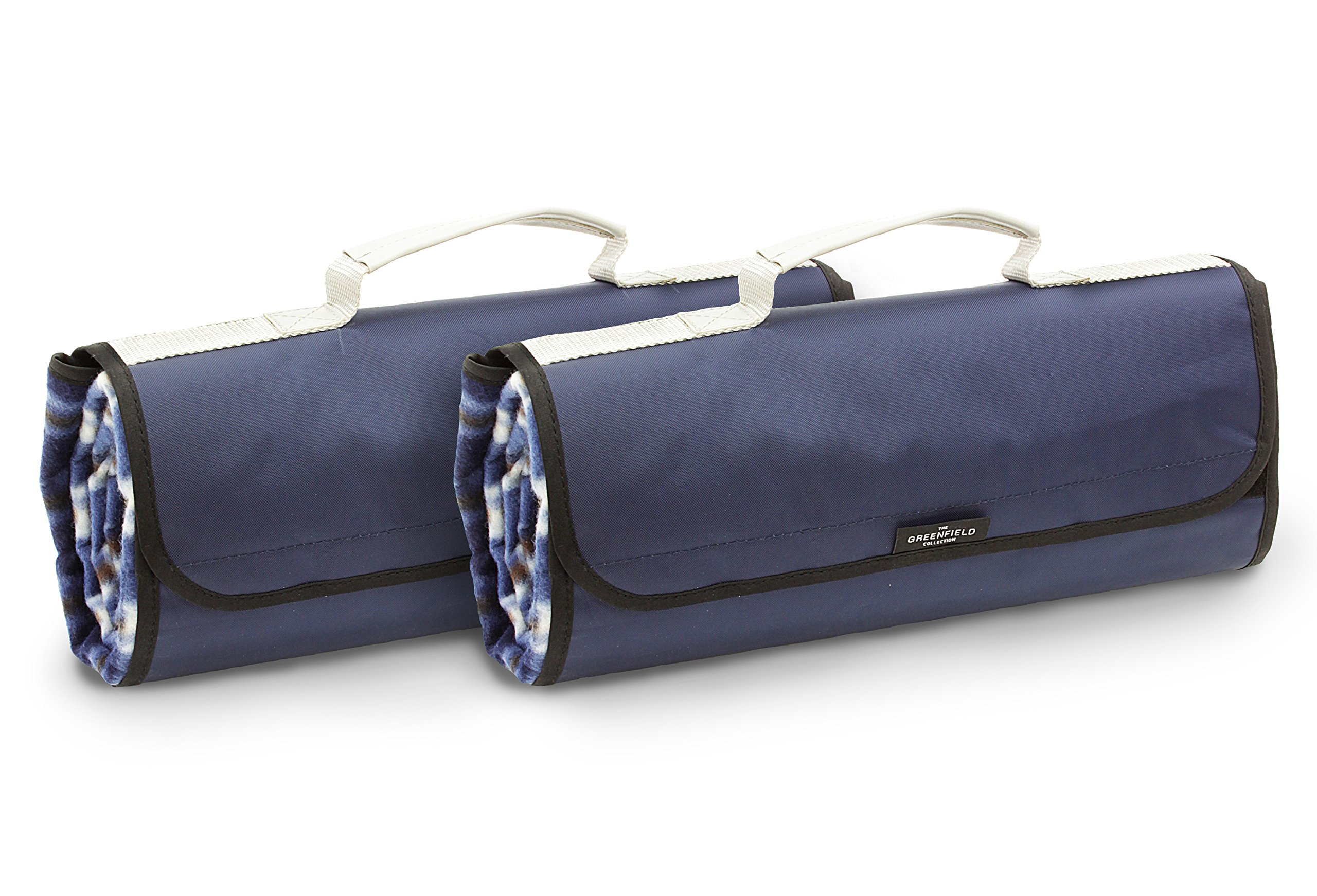 Greenfield Collection 135cm x 148cm Luxury Twin Set 2x Midnight Blue Plaid Moisture Resistant Picnic Blanket for Camping, Outdoor, Park, Hiking Beach With carrying Handle