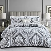 CozyDH Duvet Cover Set Queen Size, 100% Cotton Comforter Duvet Cover, Gray Damask Paisley Floral Pattern, 3 Pieces All Season Soft Breathable Bedding Set